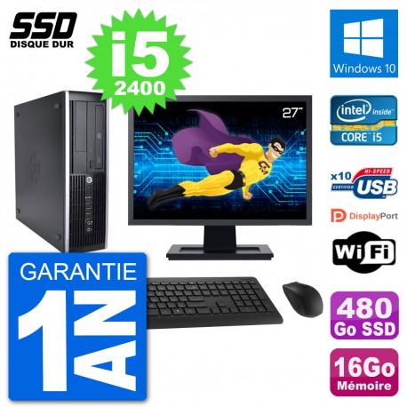 PC HP 8200 Elite SFF Ecran 27" Intel i5-2400 RAM 16Go SSD 480Go Windows 10 Wifi