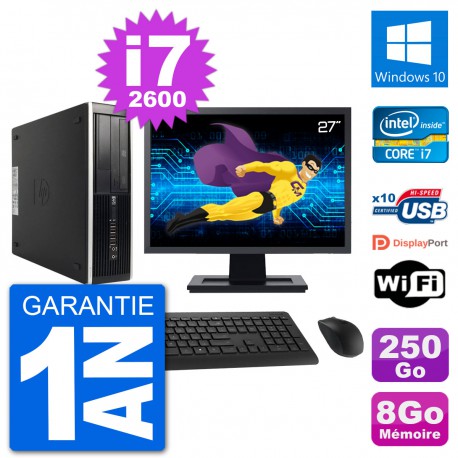 PC HP 8200 Elite SFF Ecran 27" Intel i7-2600 RAM 8Go Disque 250Go Windows 10 Wifi