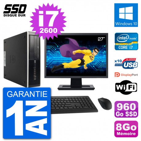 PC HP 8200 Elite SFF Ecran 27" Intel i7-2600 RAM 8Go SSD 960Go Windows 10 Wifi