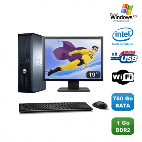 Lot PC DELL Optiplex 760 DT Intel E5200 2,5Ghz 1Go DDR2 750Go WIFI XP Pro + 19"