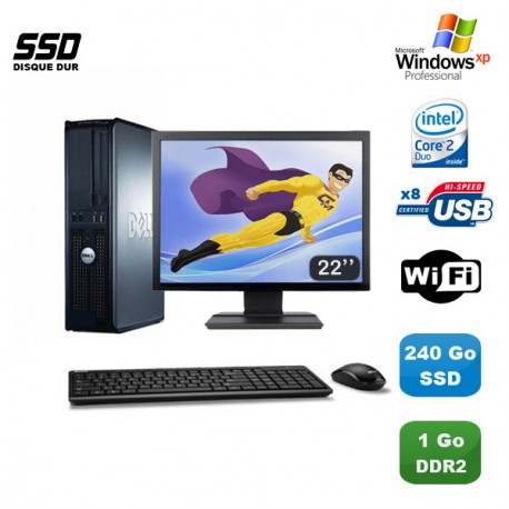 Lot PC DELL Optiplex 760 DT E8400 3Ghz 1Go DDR2 240Go SSD WIFI XP Pro + 22"