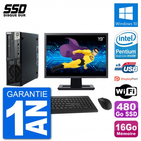 PC Lenovo M92p SFF Ecran 19" Intel G630 RAM 16Go SSD 480Go Windows 10 Wifi