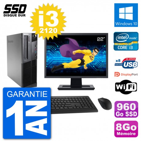 PC Lenovo M92p SFF Ecran 22" Intel i3-2120 RAM 8Go SSD 960Go Windows 10 Wifi