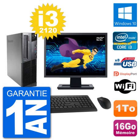 PC Lenovo M92p SFF Ecran 22" Intel i3-2120 RAM 16Go Disque 1To Windows 10 Wifi
