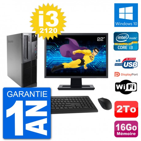 PC Lenovo M92p SFF Ecran 22" Intel i3-2120 RAM 16Go Disque 2To Windows 10 Wifi