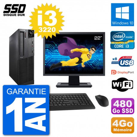 PC Lenovo M92p SFF Ecran 22" Intel i3-3220 RAM 4Go SSD 480Go Windows 10 Wifi