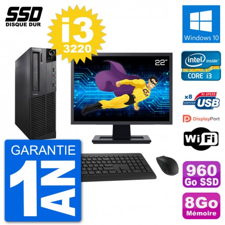 PC Lenovo M92p SFF Ecran 22" Intel i3-3220 RAM 8Go SSD 960Go Windows 10 Wifi