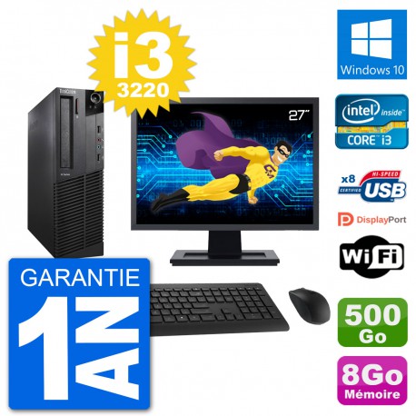 PC Lenovo M92p SFF Ecran 27" Intel i3-3220 RAM 8Go Disque 500Go Windows 10 Wifi