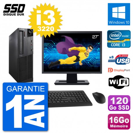 PC Lenovo M92p SFF Ecran 27" Intel i3-3220 RAM 16Go SSD 120Go Windows 10 Wifi
