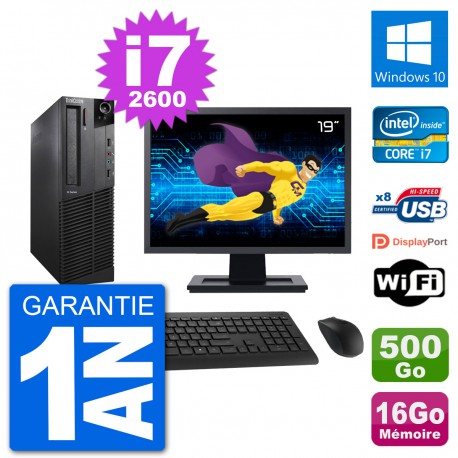 PC Lenovo M92p SFF Ecran 19" Intel i7-2600 RAM 16Go Disque 500Go Windows 10 Wifi