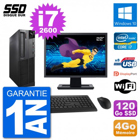 PC Lenovo M92p SFF Ecran 22" Intel i7-2600 RAM 4Go SSD 120Go Windows 10 Wifi