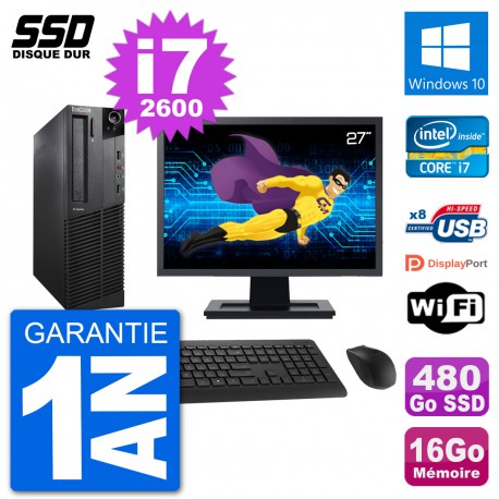 PC Lenovo M92p SFF Ecran 27" Intel i7-2600 RAM 16Go SSD 480Go Windows 10 Wifi