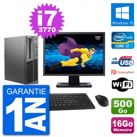 PC Lenovo M92p SFF Ecran 19" Intel i7-3770 RAM 16Go Disque 500Go Windows 10 Wifi