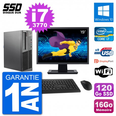 PC Lenovo M92p SFF Ecran 19" Intel i7-3770 RAM 16Go SSD 120Go Windows 10 Wifi