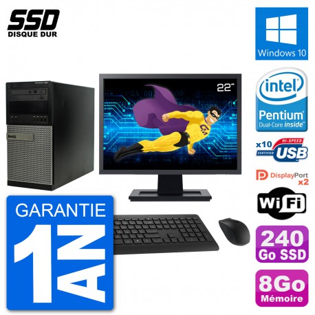 PC Tour Dell 7020 Ecran 22" Intel G3220 RAM 8Go SSD 240Go Windows 10 Wifi