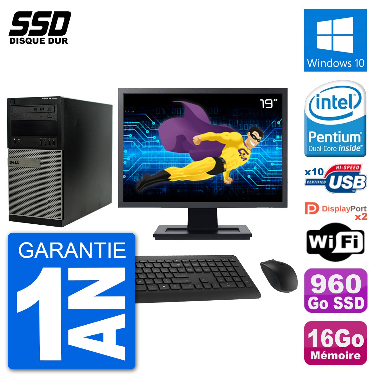 PC Dell 7020 SFF Ecran 19" Intel G3220 RAM 8Go SSD 960Go Windows 10 Wifi