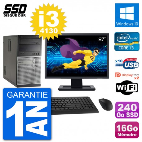 PC Tour Dell 7020 Ecran 27" Intel i3-4130 RAM 16Go SSD 240Go Windows 10 Wifi