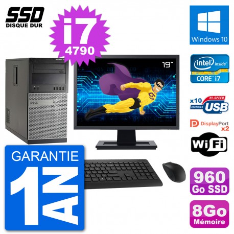 PC Tour Dell 7020 Ecran 19" Intel Core i7-4790 RAM 8Go SSD 960Go Windows 10 Wifi