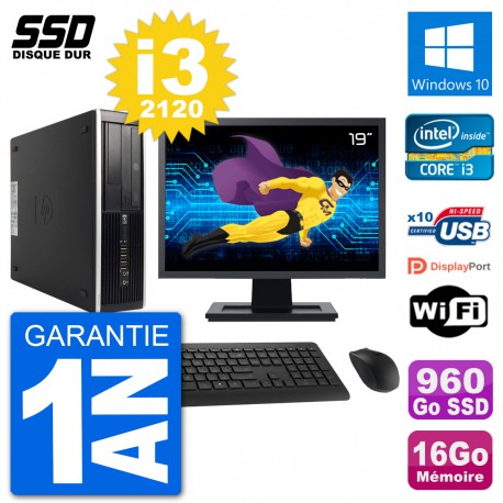 PC HP 8300 Elite SFF Ecran 19" Intel i3-2120 RAM 16Go SSD 960Go Windows 10 Wifi