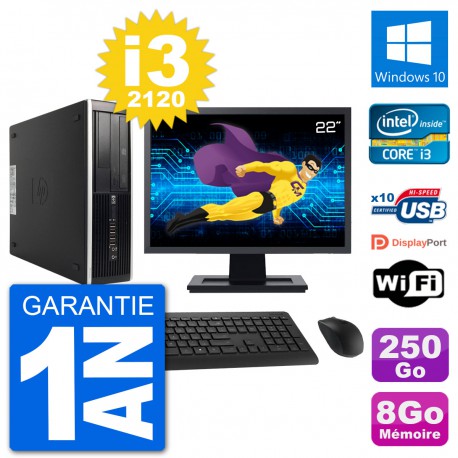 PC HP 8300 SFF Ecran 22" Intel i3-2120 RAM 8Go Disque 250Go Windows 10 Wifi