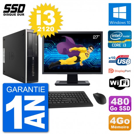 PC HP 8300 Elite SFF Ecran 27" Intel i3-2120 RAM 4Go SSD 480Go Windows 10 Wifi