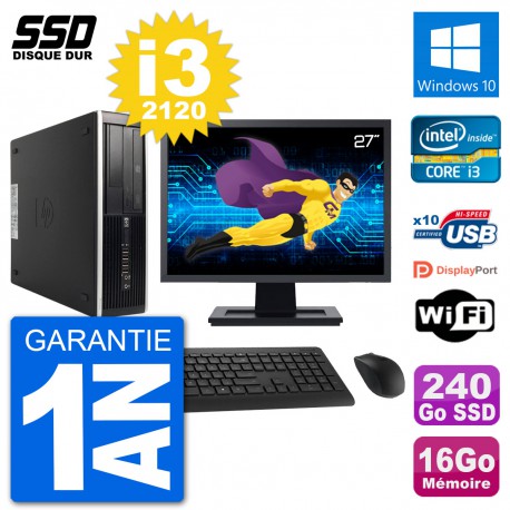 PC HP 8300 Elite SFF Ecran 27" Intel i3-2120 RAM 16Go SSD 240Go Windows 10 Wifi