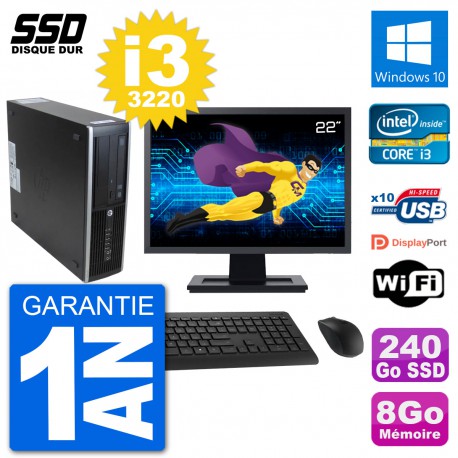 PC HP 8300 Elite SFF Ecran 22" Intel i3-3220 RAM 8Go SSD 240Go Windows 10 Wifi