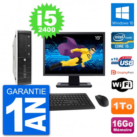 PC HP 8300 Elite SFF Ecran 19" Intel i5-2400 RAM 16Go Disque 1To Windows 10 Wifi
