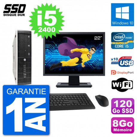 PC HP 8300 Elite SFF Ecran 22" Intel i5-2400 RAM 8Go SSD 120Go Windows 10 Wifi