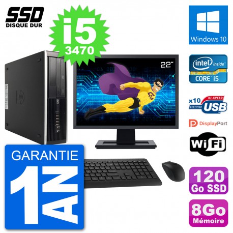 PC HP 8300 Elite SFF Ecran 22" Intel i5-3470 RAM 8Go SSD 120Go Windows 10 Wifi