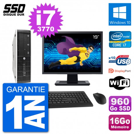 PC HP 8300 Elite SFF Ecran 19" Intel i7-3770 RAM 16Go SSD 960Go Windows 10 Wifi