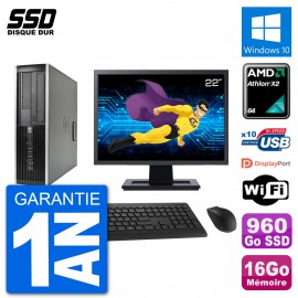 PC HP 6005 SFF Ecran 22" AMD Athlon II X2 B24 RAM 16Go SSD 960Go Windows 10 Wifi