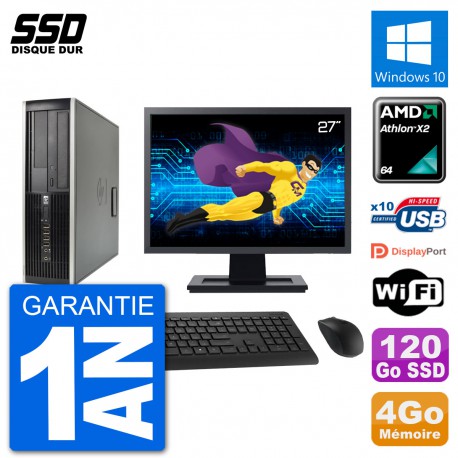 PC HP 6005 SFF Ecran 27" AMD Athlon II X2 B24 RAM 4Go SSD 120Go Windows 10 Wifi