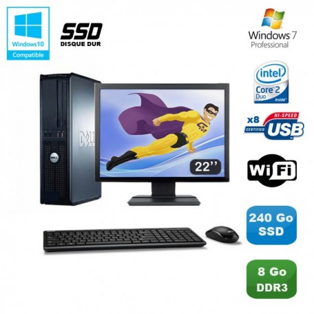 Lot PC DELL Optiplex 380 DT Intel E7500 2,92Ghz 8Go DDR3 240Go SSD W7 Pro +22"