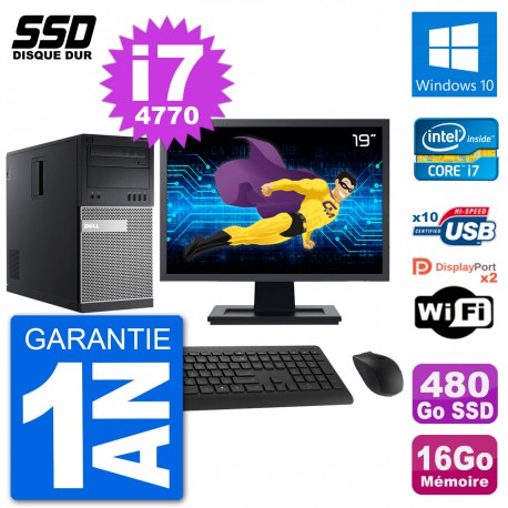 PC Tour Dell 9020 Ecran 19" Intel i7-4770 RAM 16Go SSD 480Go Windows 10 Wifi