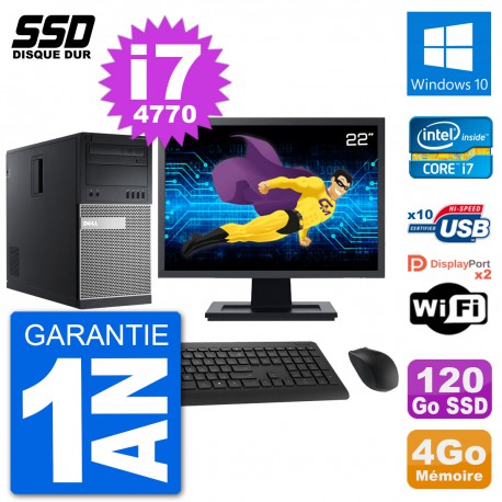 PC Tour Dell 9020 Ecran 22" Intel Core i7-4770 RAM 4Go SSD 120Go Windows 10 Wifi