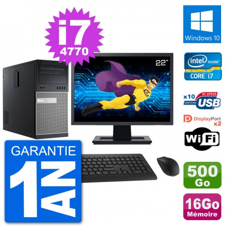 PC Tour Dell 9020 Ecran 22" Intel i7-4770 RAM 16Go Disque 500Go Windows 10 Wifi