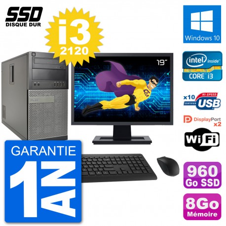 PC Tour Dell 7010 Ecran 19" Intel Core i3-2120 RAM 8Go SSD 960Go Windows 10 Wifi