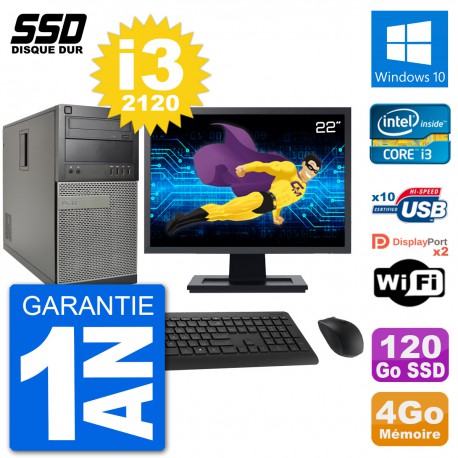PC Tour Dell 7010 Ecran 22" Intel Core i3-2120 RAM 4Go SSD 120Go Windows 10 Wifi