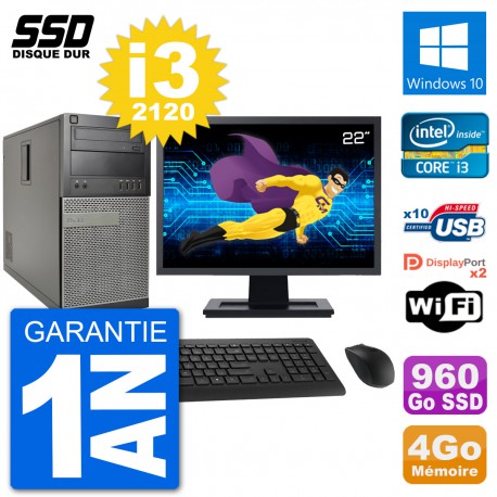 PC Tour Dell 7010 Ecran 22" Intel Core i3-2120 RAM 4Go SSD 960Go Windows 10 Wifi