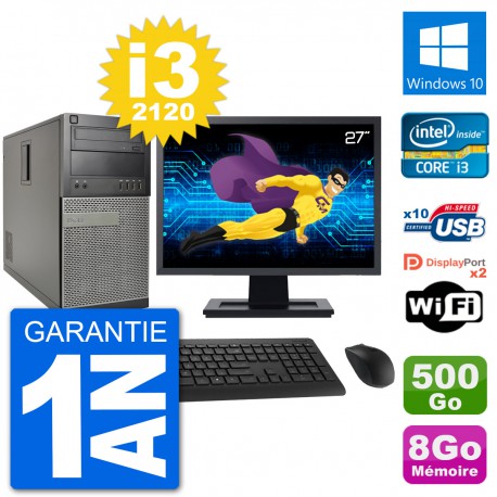 PC Tour Dell 7010 Ecran 27" Intel i3-2120 RAM 8Go Disque 500Go Windows 10 Wifi