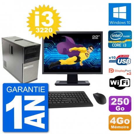 PC Tour Dell 7010 Ecran 22" Intel i3-3220 RAM 4Go Disque 250Go Windows 10 Wifi