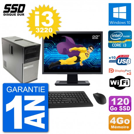 PC Tour Dell 7010 Ecran 22" Intel Core i3-3220 RAM 4Go SSD 120Go Windows 10 Wifi
