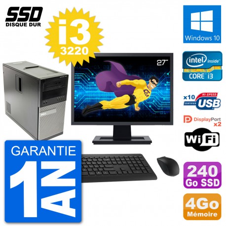 PC Tour Dell 7010 Ecran 27" Intel Core i3-3220 RAM 4Go SSD 240Go Windows 10 Wifi