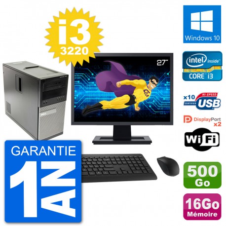 PC Tour Dell 7010 Ecran 27" Intel i3-3220 RAM 16Go Disque 500Go Windows 10 Wifi
