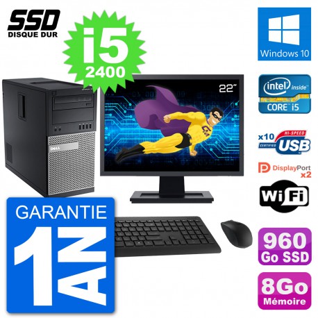PC Tour Dell 7010 Ecran 22" Intel Core i5-2400 RAM 8Go SSD 960Go Windows 10 Wifi