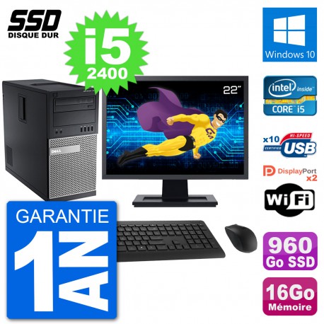 PC Tour Dell 7010 Ecran 22" Intel i5-2400 RAM 16Go SSD 960Go Windows 10 Wifi