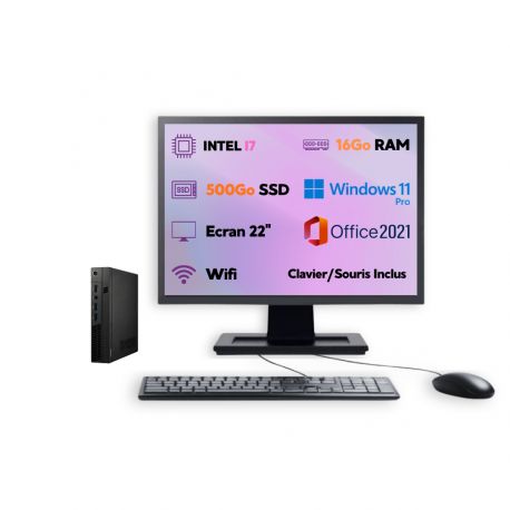 PC Mini Intel i7 W11 Pro SSD 500Go RAM 16Go Wi-Fi Écran 22’’ Office 2021