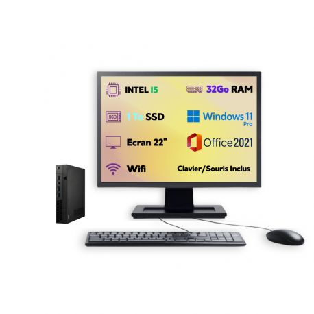 PC Mini Intel i5 W11 Pro SSD 1To RAM 32Go Wi-Fi Écran 22’’ Office 2021