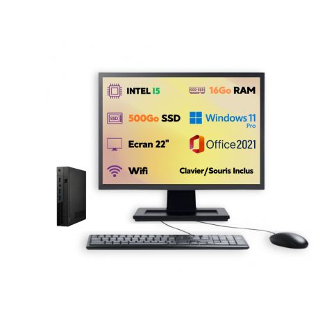 PC Mini Intel i5 W11 Pro SSD 500Go RAM 16Go Wi-Fi Écran 22’’ Office 2021